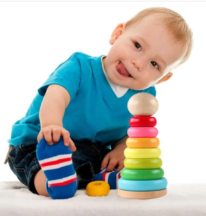 Hot Sale Stacking Rings Toy Wooden Rainbow Stacker Toddler Learning Toys For Baby Boys
