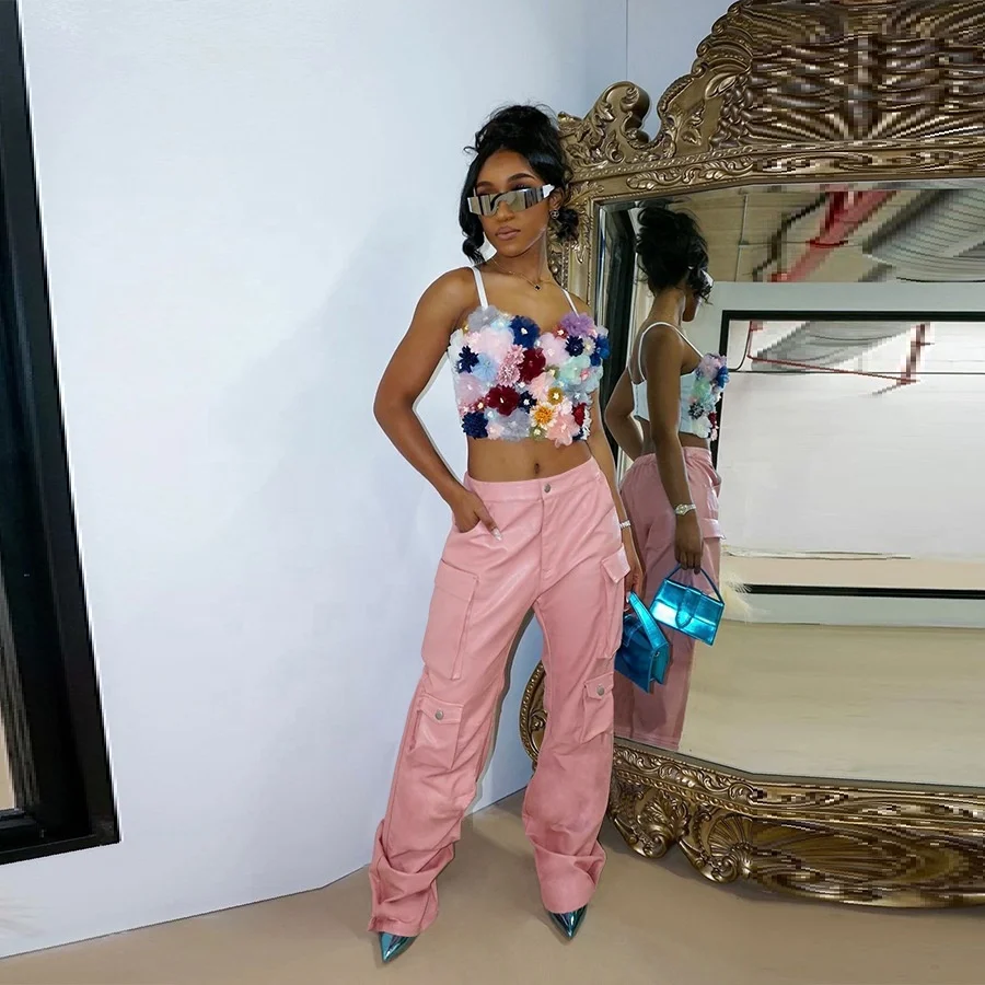New Arrival Summer 2023 High Waist Fashion Y2K Pant Women Pink Black PU Leather Straight Cargo Pants