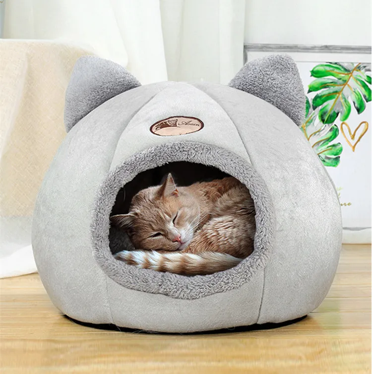 NPET Semi-Enclosed Cat Nest Bed House Folding Pet Dog Bed Tent Warm Soft Plush Kitten Bed Cave for Sleeping Winter