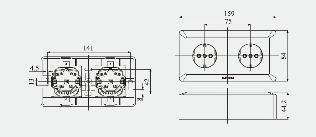 CZ216PS Double Socket 250V 16A IP20 Surface Type DIN European Sockets for Marine Application