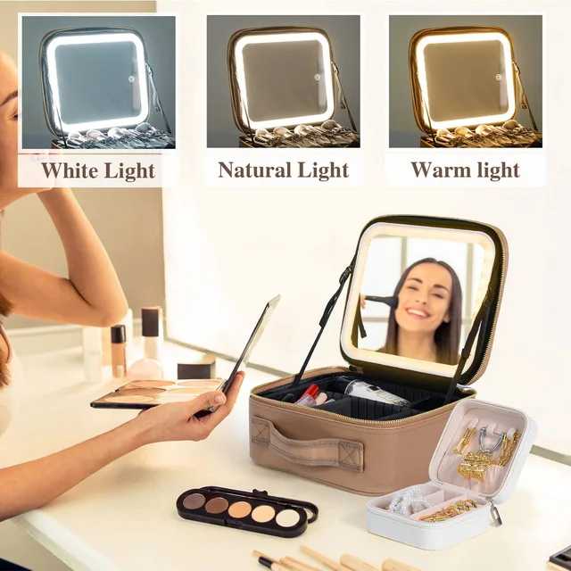 Multifunctional Pu Leather Cosmetic Case Travel Makeup Storage Box Led Cosmetic Bags
