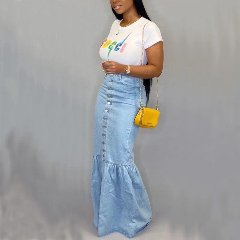 Latest Design Women Mermaid Skirt Blue Washed Skinny Stretch Button Long Jean Skirts