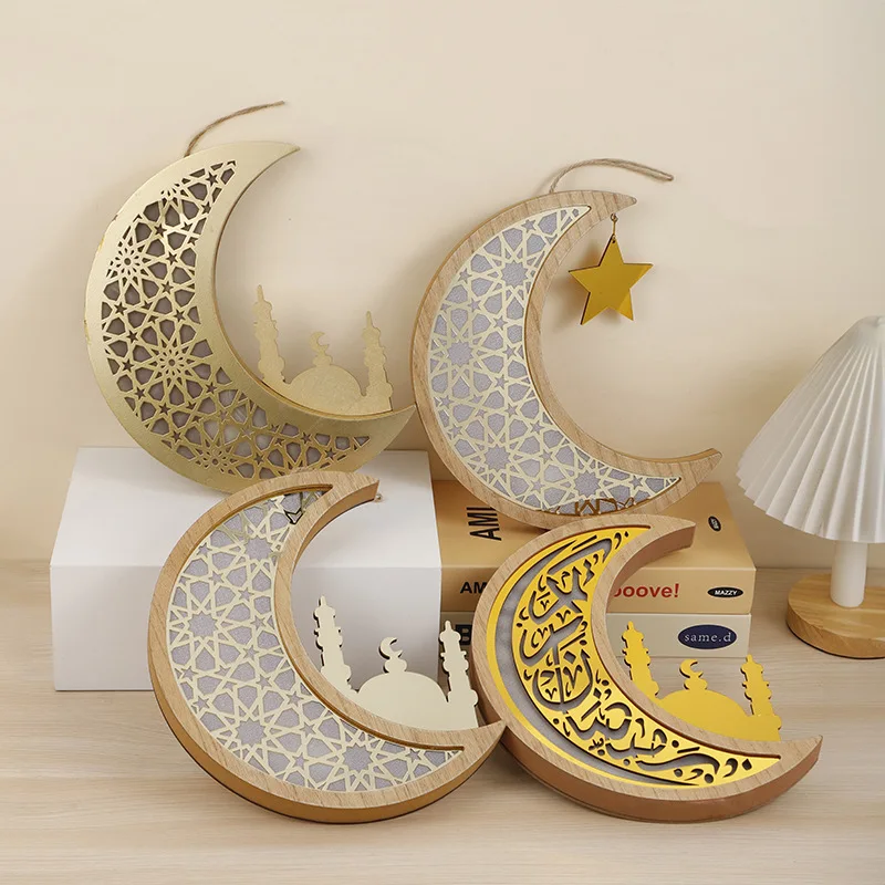 2024 Eid Muslim Decoration Home Outdoor Decoration LED Lights Moon Star Eid Mubarak Pendant Hangings Wood Crafts