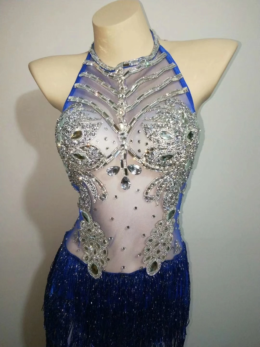 Designer Sleeveless See Through Blue Crystal Tassel Latin Dance Dress Women Strappy Backless Bodysuit Stage Party Club Dress