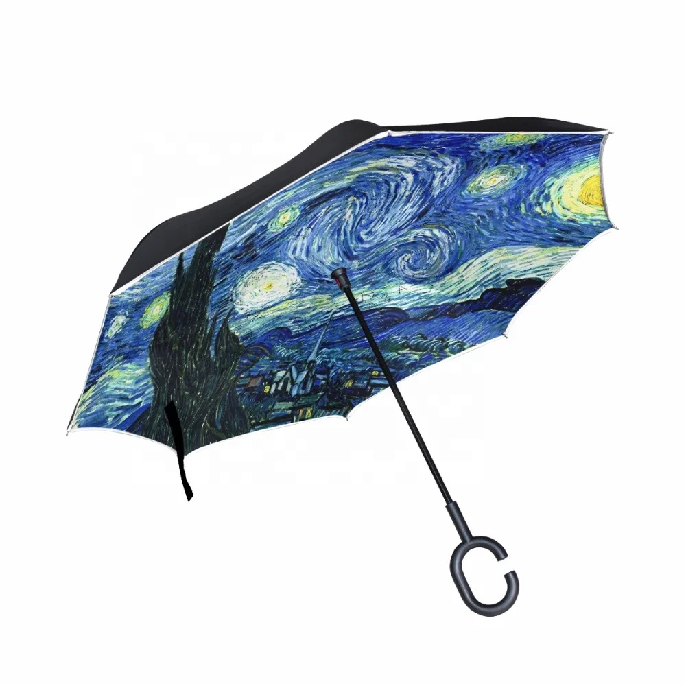
C shape handle fiberglass double canopy reverse inverted umbrella with Van Gogh starry night Oil Painting inside  (60474605061)
