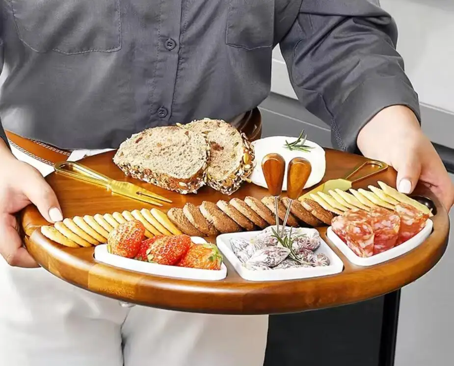 Bamboo Cheese Board and Knife Set Deluxe Acacia Wood Cheese Charcuterie Board with Cheese Tool Knife Accessories