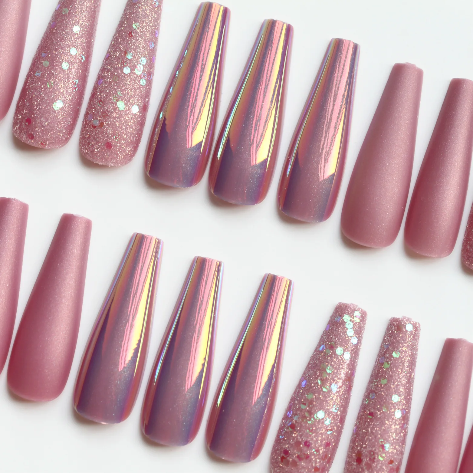 Long Ballet 30PCS Fake Nails Aurora Rendering Onion Pink Fingernails With Jelly Glue