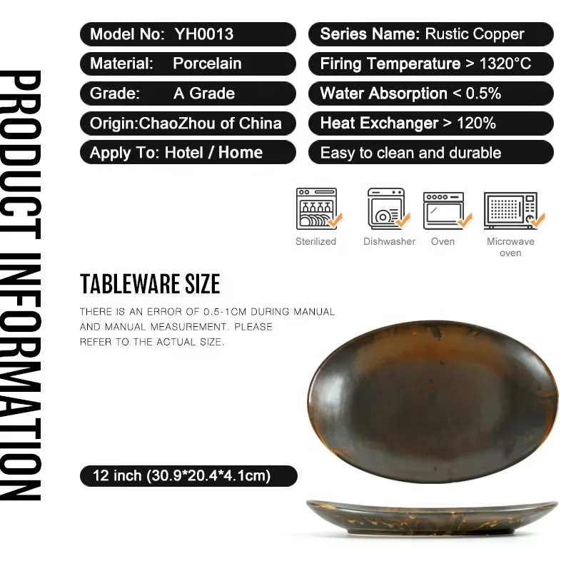 Factory Direct Wholesale Matte Color 12 Inch Rustic Ceramic Fish Tableware Plates Porcelain Oval Dinner Plate For Restaurant