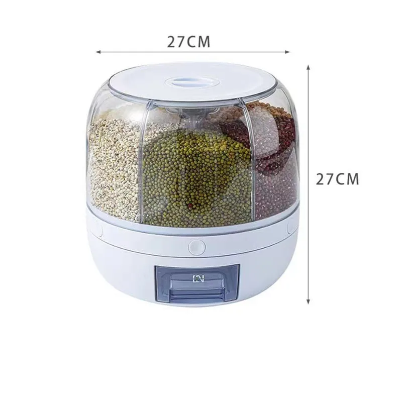 Plastic 360 Degree Rotation Storage Container Cereal Dry Food Rice Grain Storage Dispenser Box with Measuring Cup