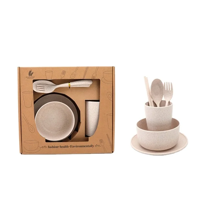 High Quality Minimalist Sustainable Design Healthy Wheat Straw Tableware Set Spoon Fork Cup Kids Adult Salad Soup Bowl Plate