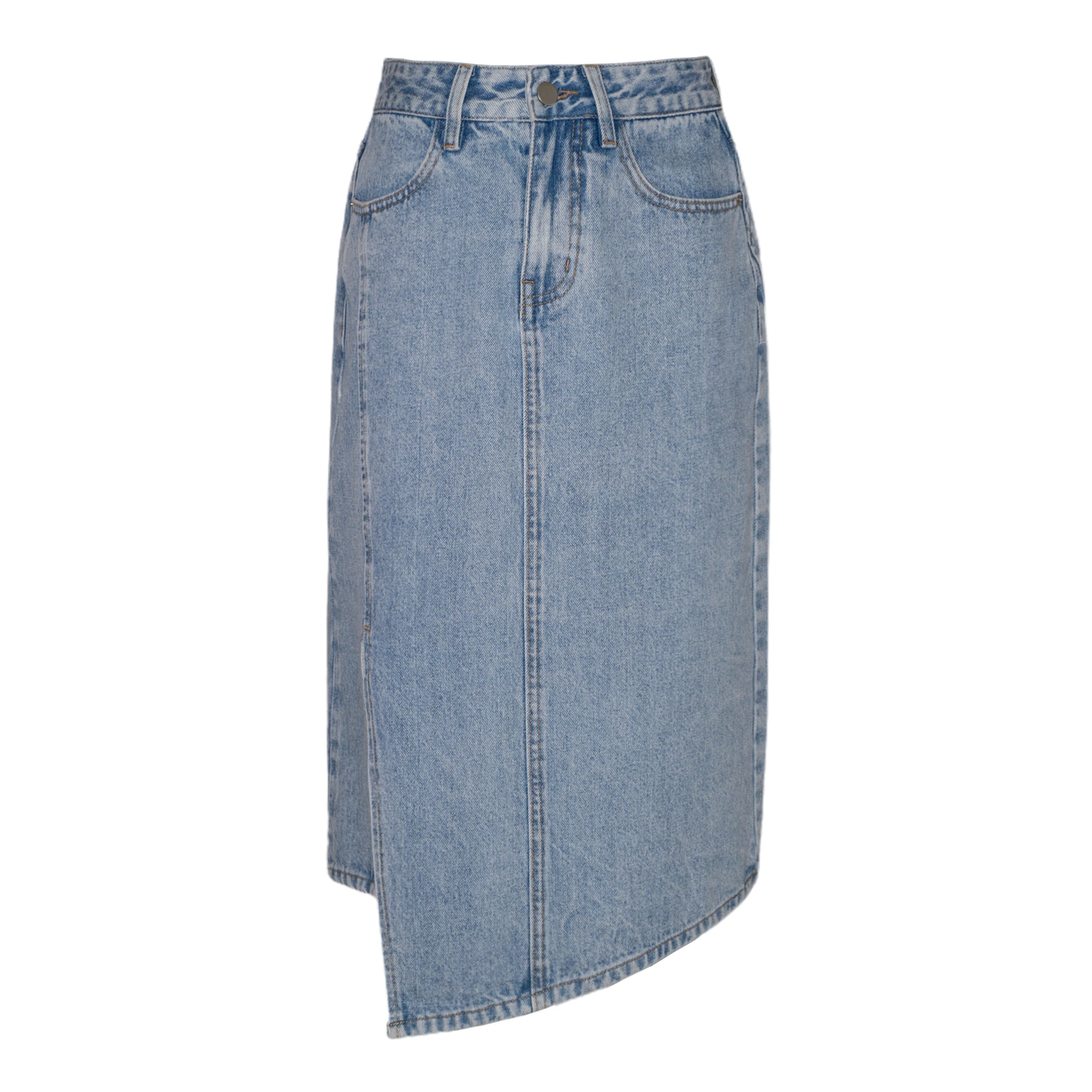 High Quality Ready To Ship Women Casual Skirt High Waist 100% Cotton Longuette Curved Sloping Hem Slim Fit Denim Skirt Women