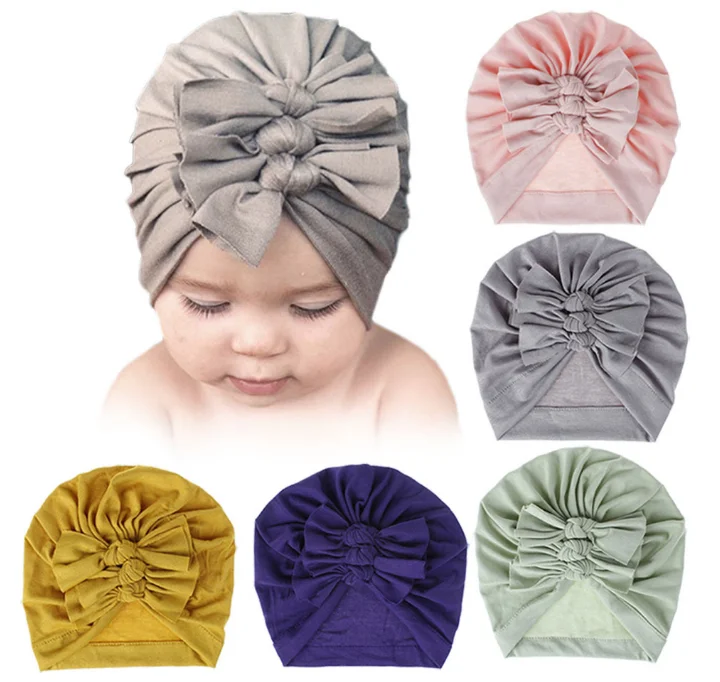 
Soft knitting cotton fabric 3 bow knot Indian baby turban hat 