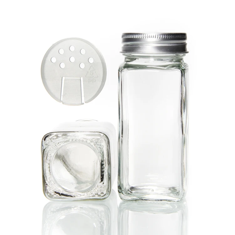Прозрачная квадратная стеклянная банка для специй размером 4 унции 6 унций, контейнер для соли и перца с алюминиевой крышкой и пластиковой воронкой, под заказ