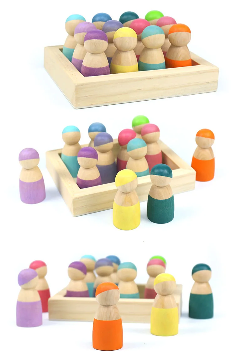 Wholesale Wooden Toys Pastel Rainbow Friends - 12 coloured pastel baby peg dolls