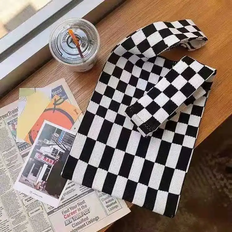 Custom Women Wool Knitted Stripe Bags Fashion Knitted Tote Bag Striped Pattern Crochet Handbags