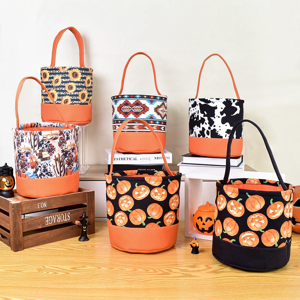 Kids Candy Party Treat or Trick Basket Floral Printing Pumpkin Ghost Halloween Baskets