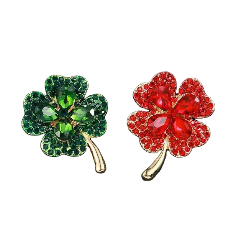retro fashion clover flower corsage badge woman man suit brooch vintage simple luxury green red crystal rhinestone lapel brooch