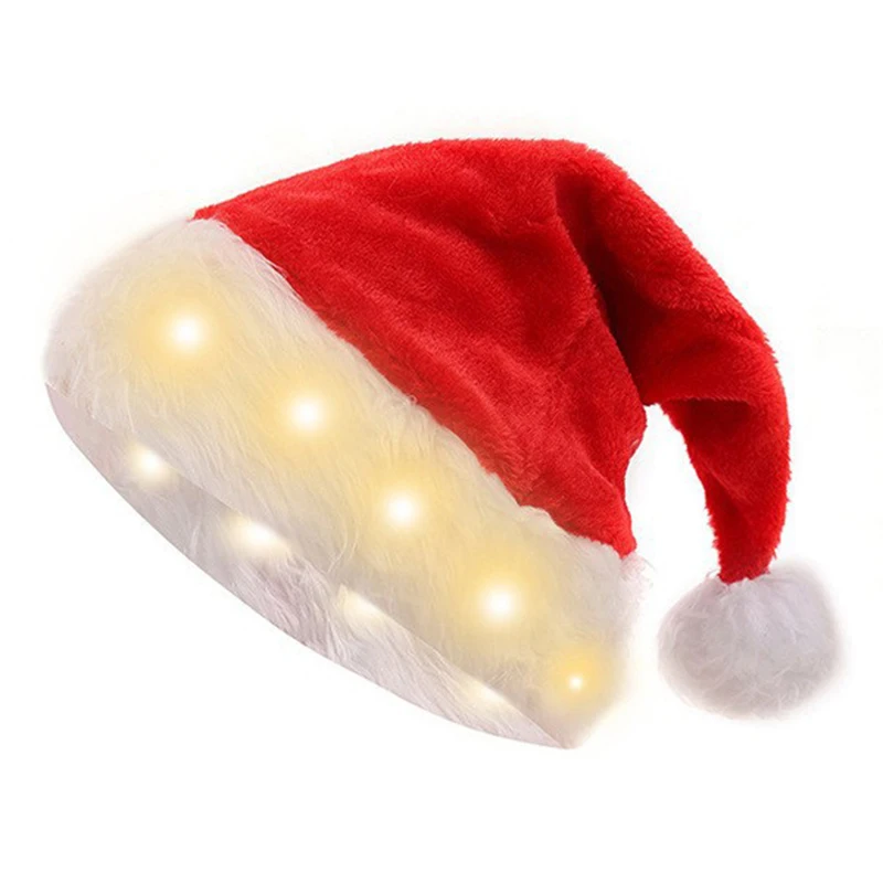 Wholesale Customized LED Red Christmas Plush Santa Claus Hat with Lights Festival Party Decoration and Item for Xmas Parties