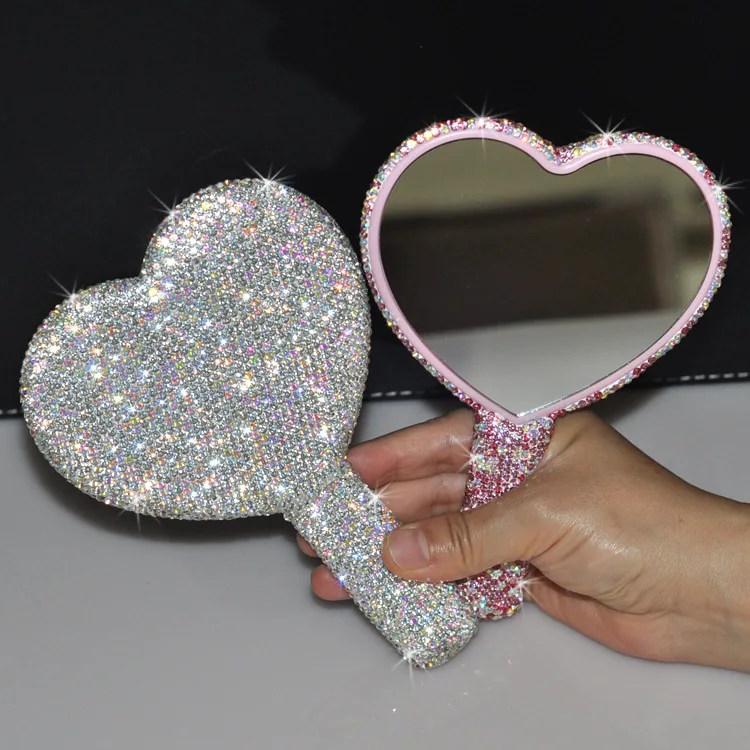 Bling Diamond Makeup Mirror Rhinestone Luxury Shiny Heart Hand Mirror Pink Cosmetic Mirrors Princess Handheld Looking Glass