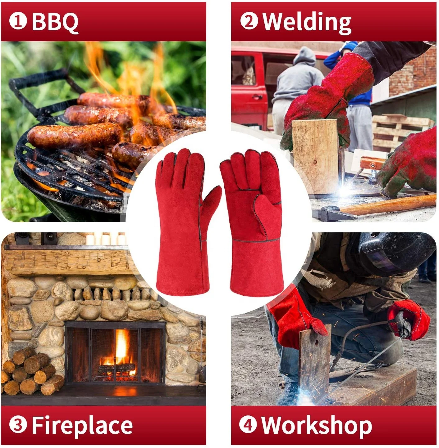Red Color Cheap Leather Welding Gloves Buffalo Hide Working Gloves