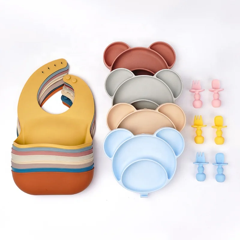 Food Safe Silicone Children Kids Dining Divided Dish Babi Feeding Spoon Suction Bowl Set Baby Silicone Plate