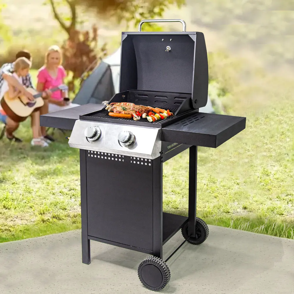 Outdoor 2-Burner Propane Gas Grill Cart Style Gas BBQ Grill Smokeless Gas Barbecue Grill Stainless Steel