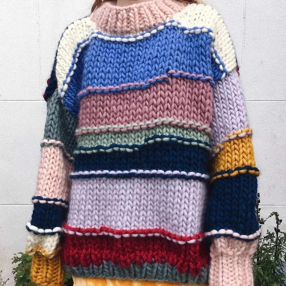 European And American Wind Autumn Big Size Fat Woman Bumps Color Winter Pure Handwork To Weave Coarse Needle Sweater Coat Female