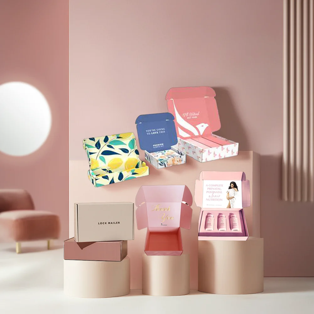 GMI Wholesale Custom Logo Kraft Paper Boxes for Skin Care & Cosmetics Pink & Brown Small Shipping & Mailer Packaging