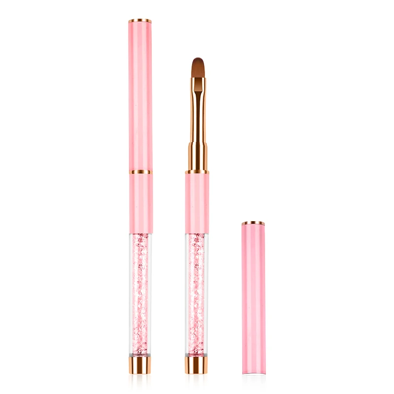 Nail Art Pink Brush Manicure Tools Custom Logo Japanese Kolinsky Hair Flat/Oval UV Gel Brush Rose Gold  With Crystal Handle