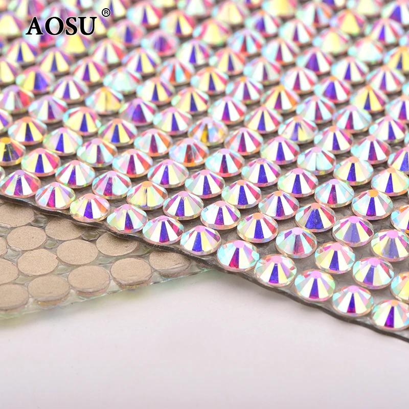 AOSU 24*40cm Diamond Strass Fabric Sheet Applique Crystal AB Self Adhesive Glass Rhinestone Trim Mesh For Clothes