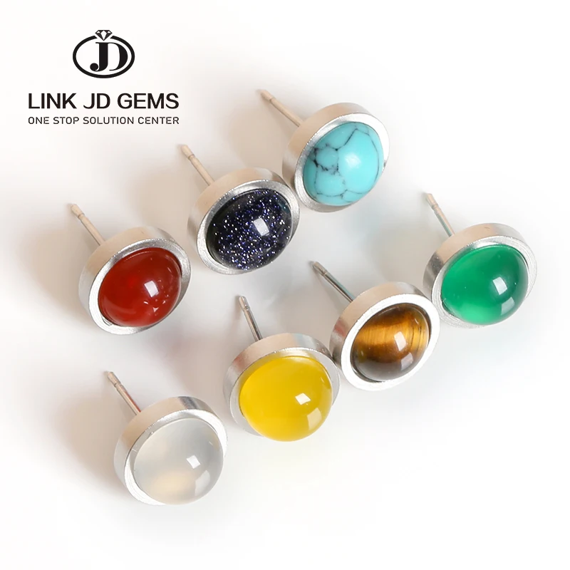 Hot Selling Handmade Lovely Stainless Steel Earrings 10mm Natural Tiger Eyes Agate Stone Stud Earrings for Women Jewelry