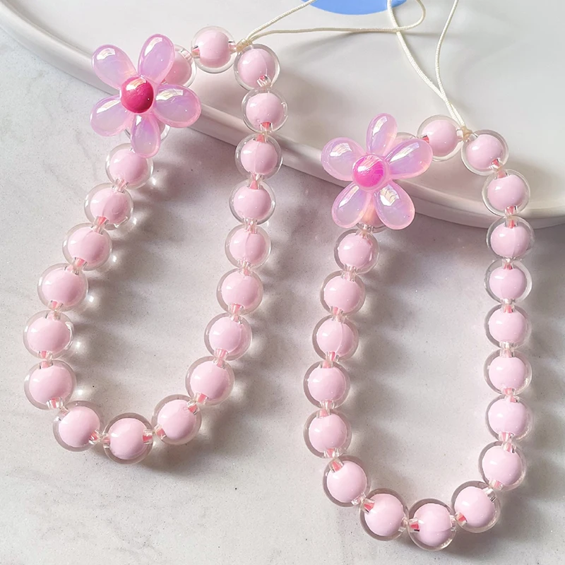 New fashion pink Plastics / Resins flower beaded bracelet phone case lanyard