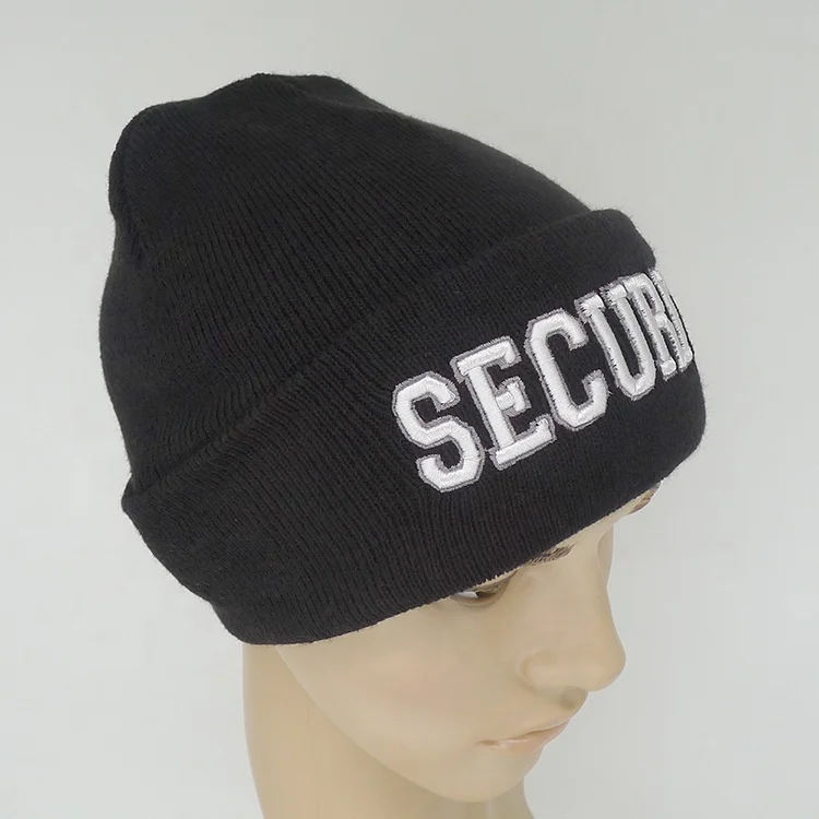 Wholesale security hat black knit beanie with letters worker mens winter hat cap toque cuff beanies embroidered logo custom