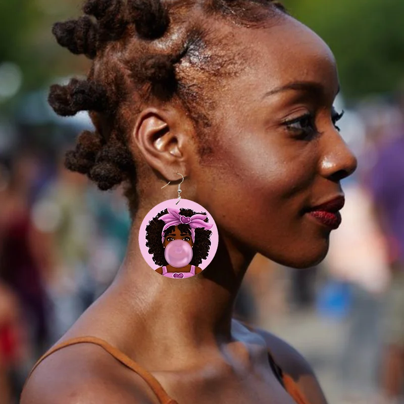 LWI60206 Oorringen Women Lovely Pink Afro Girl Gum Wooden Drop Earrings African Black Natural Hair Wood Earring