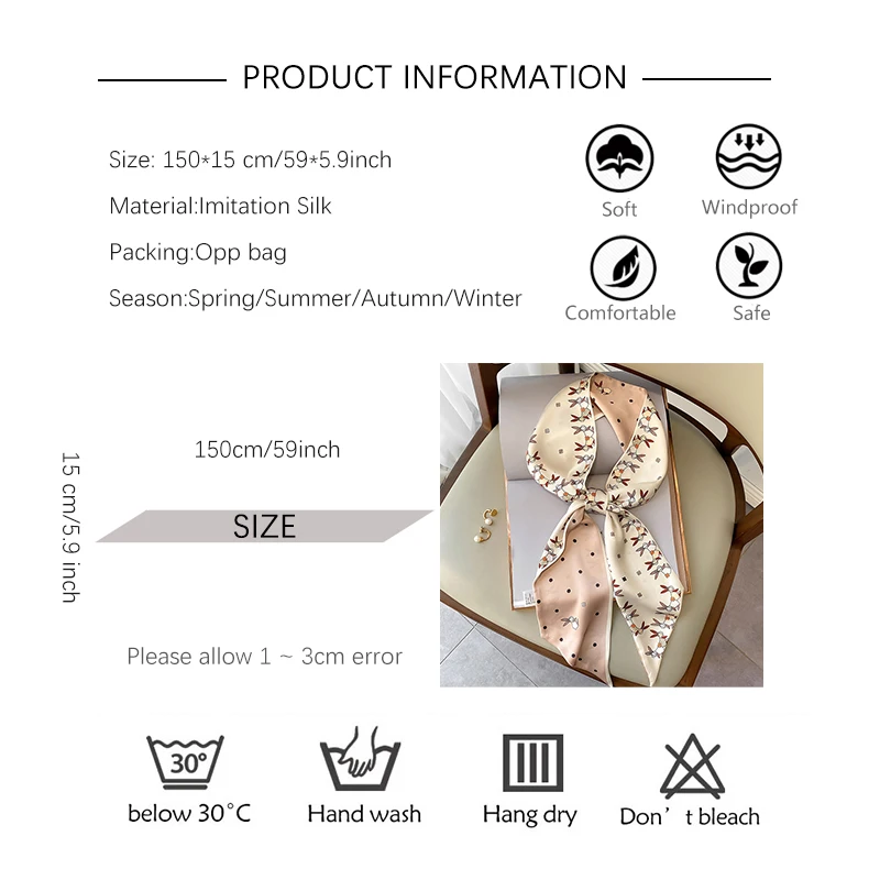 Luxury Design Silk Skinny Scarf Women Hair Band Neckerchief Long Neck Tie Foulard Female Print Bag Scarves Headband Ribbon