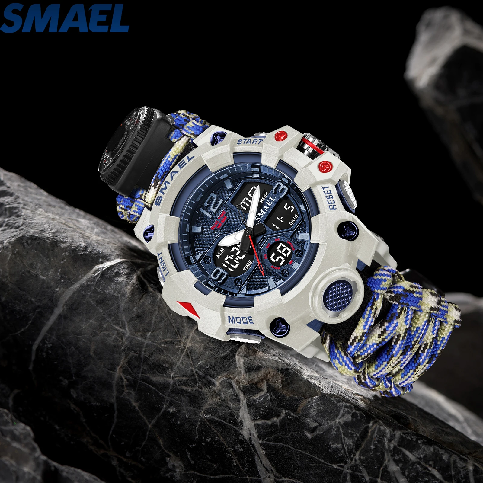 SMAEL Outdoor Survival Nylon Watch Emergency Timing Whistle Compass Thermometer Ignition Alarm Clock Stop Survival Sports Watch