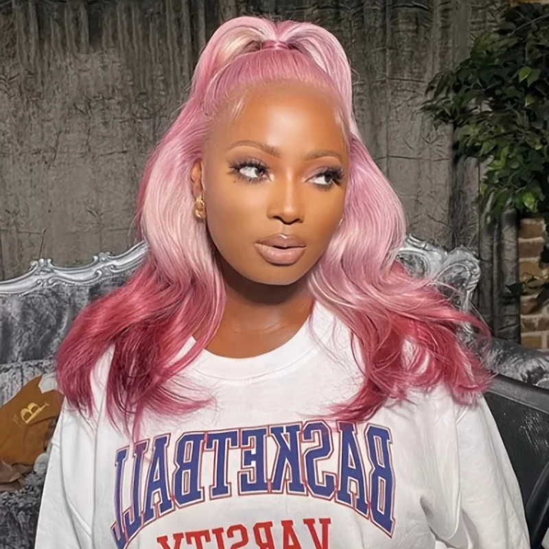 Cute 150% Density Body Wave T Part Lace Front Wig Pink Color Human Hair Wigs Pre Plucked With Baby Hair For Women Girls