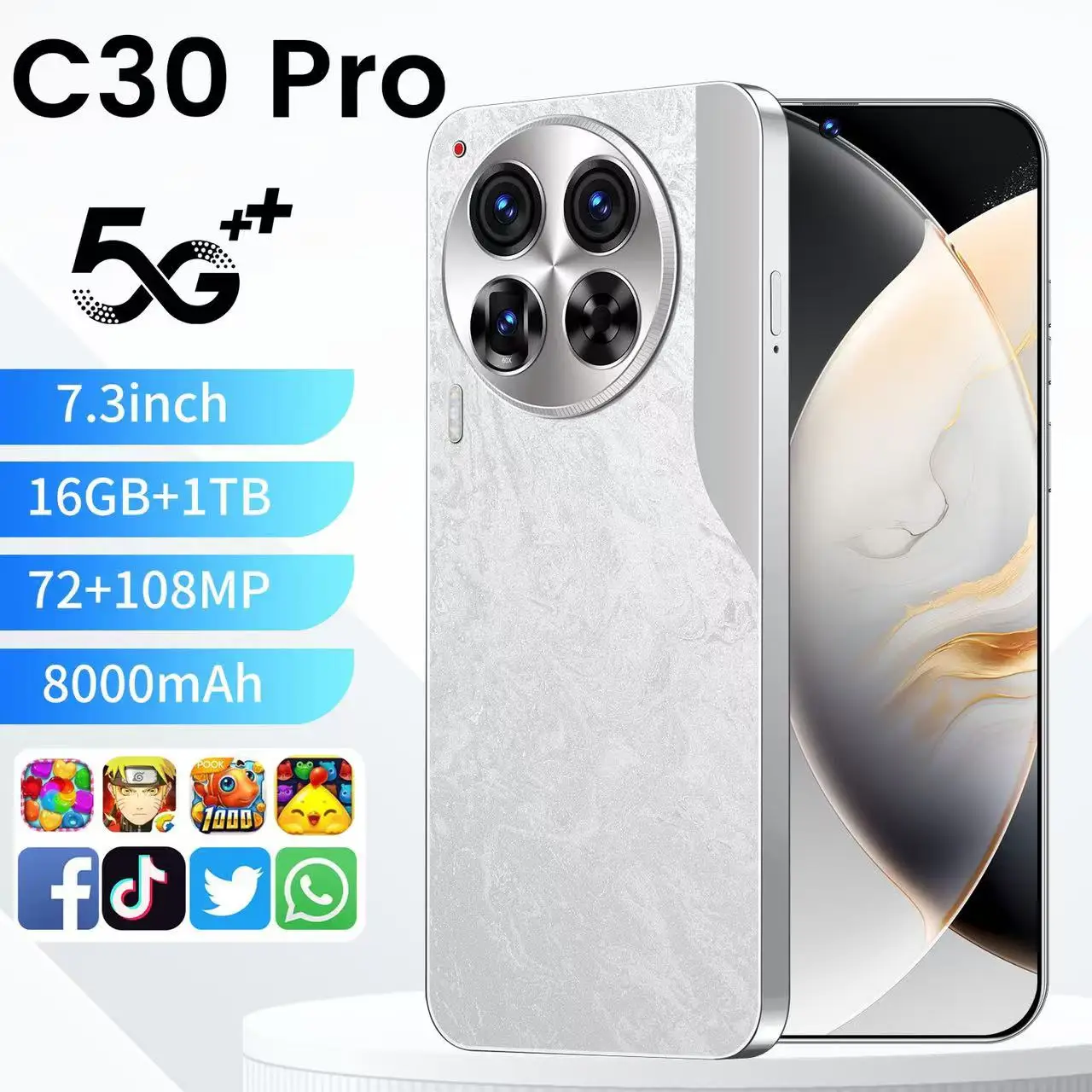 Hot Selling Smartphone Android 13 C30pro Mobile Phone 7.3inch Screen 16GB+1TB Dual SIM Card Unlocked Gaming Cellphone