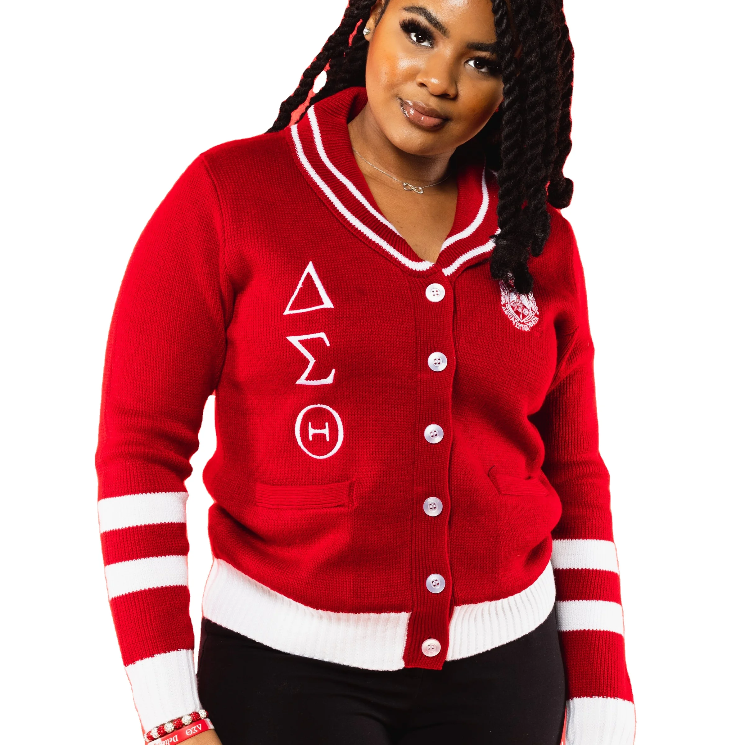 custom OEM ODM manufacturer women sweater knitted Sorority pearls open-knit red white Cardigan