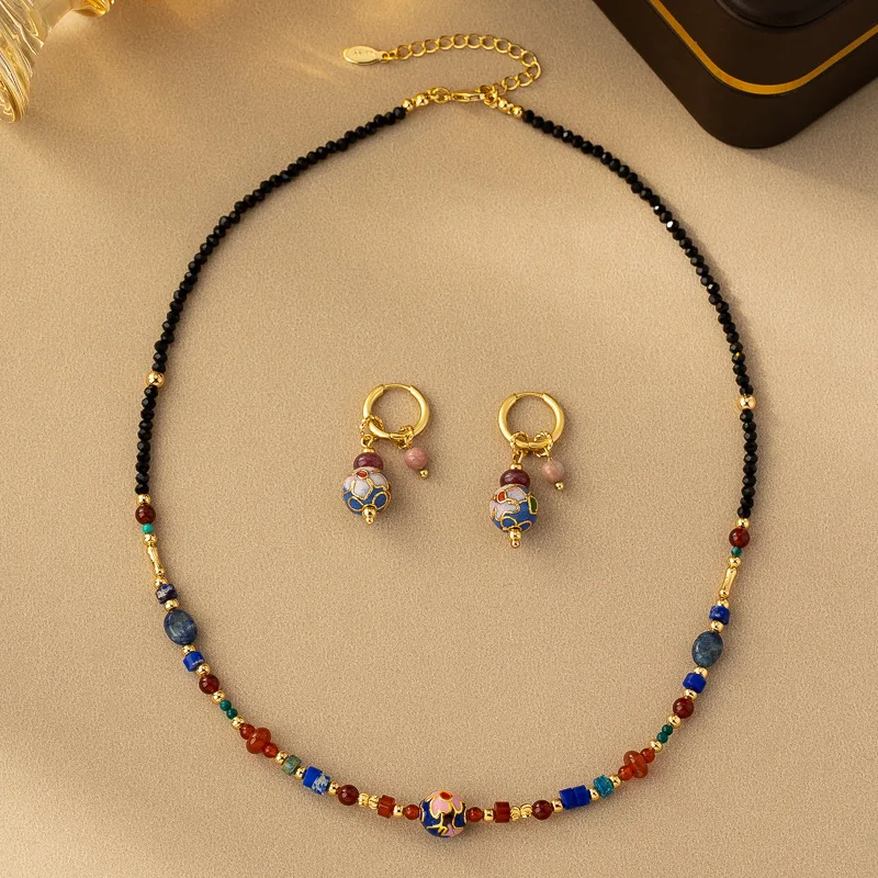 High Quality Chinese Ethnic Design Enamel Jewelry Set Gold Plated Brass Gemstone Beaded Earrings Necklace for Wedding Gift Women