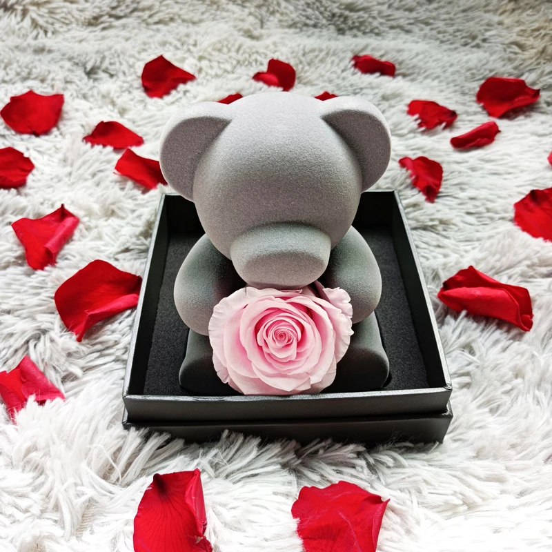 2022 Wholesale decorative flowers Forever rose bear Natural Eternal Preserved Flocking teddy for Valentines day gift
