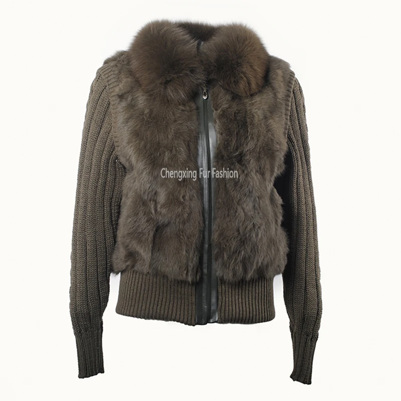 CX-G-A-283C New Natural Rabbit Fur Jacket With Real Fox Fur Collar Real Rabbit Fur Coat In Stock