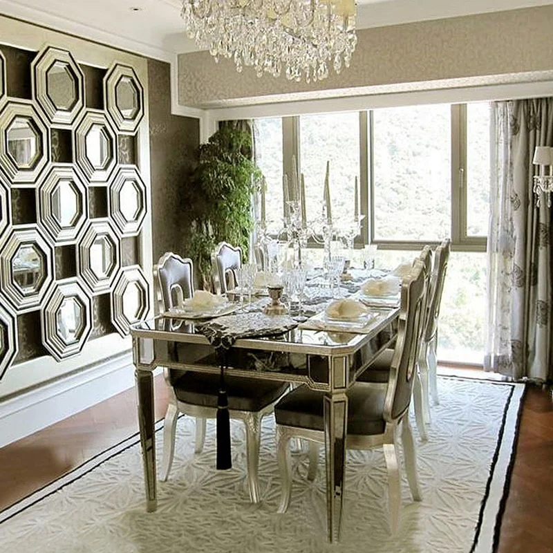 
antique mirrored dining table with solid wood ogee edge and gold color 