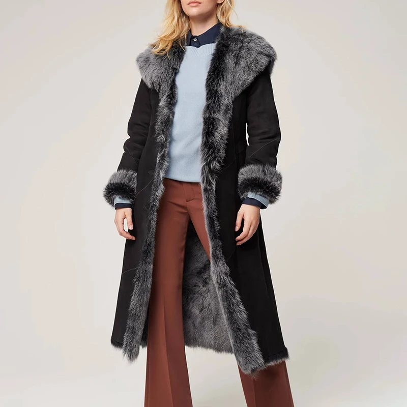 NAFA OEM Customize Ladys Luxury Casual Elegant Lamb Fur Shearling Long Coat for Winter Outer Wear