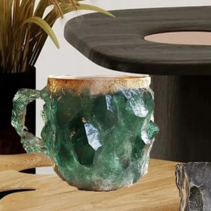 Кофейная кружка с искусственным кристаллом из смолы кофейная натуральным минеральным розовым кварцем зеленая геодная Агатовая W24-835