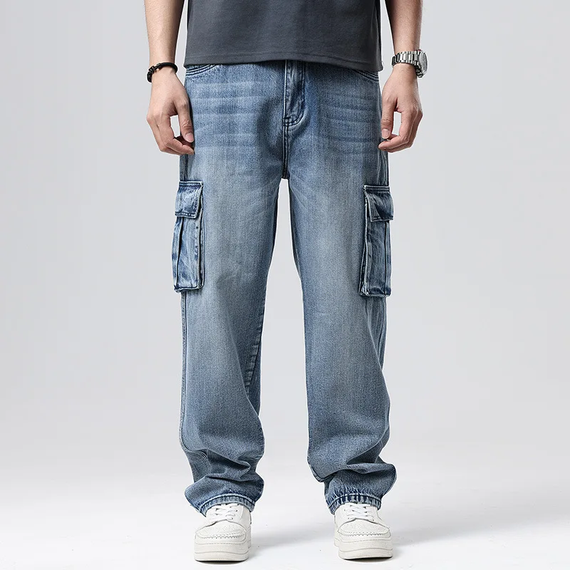 Loose Fit Motorcycle Multi Pockets Workwear Cargo Wide Leg Selvedge Vintage Streetwear Denim Plus Size Men Baggy Jeans Hombre