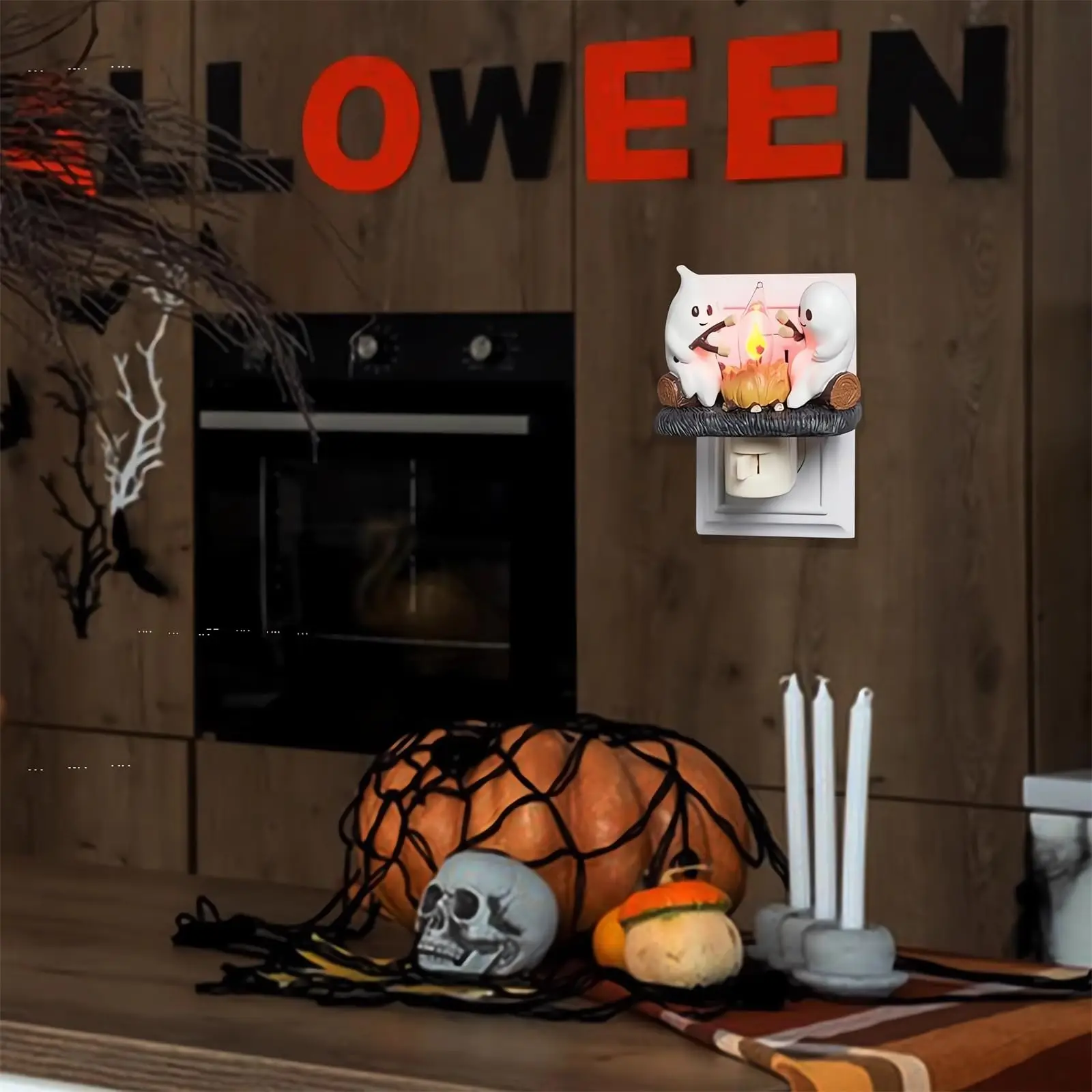 Cute Spooky Ghost Nightlight Flickering Flameless Campfire Candle in Resin Plug into Wall Lamp Anime Model Number