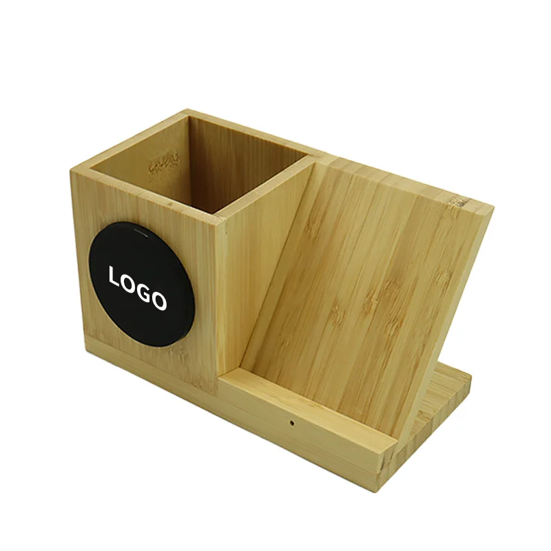 High Quality Bamboo Wireless Charger Of Pen container with Customized LED Light-up Logo Size 16*9*8cm Wireless Charging Penrack