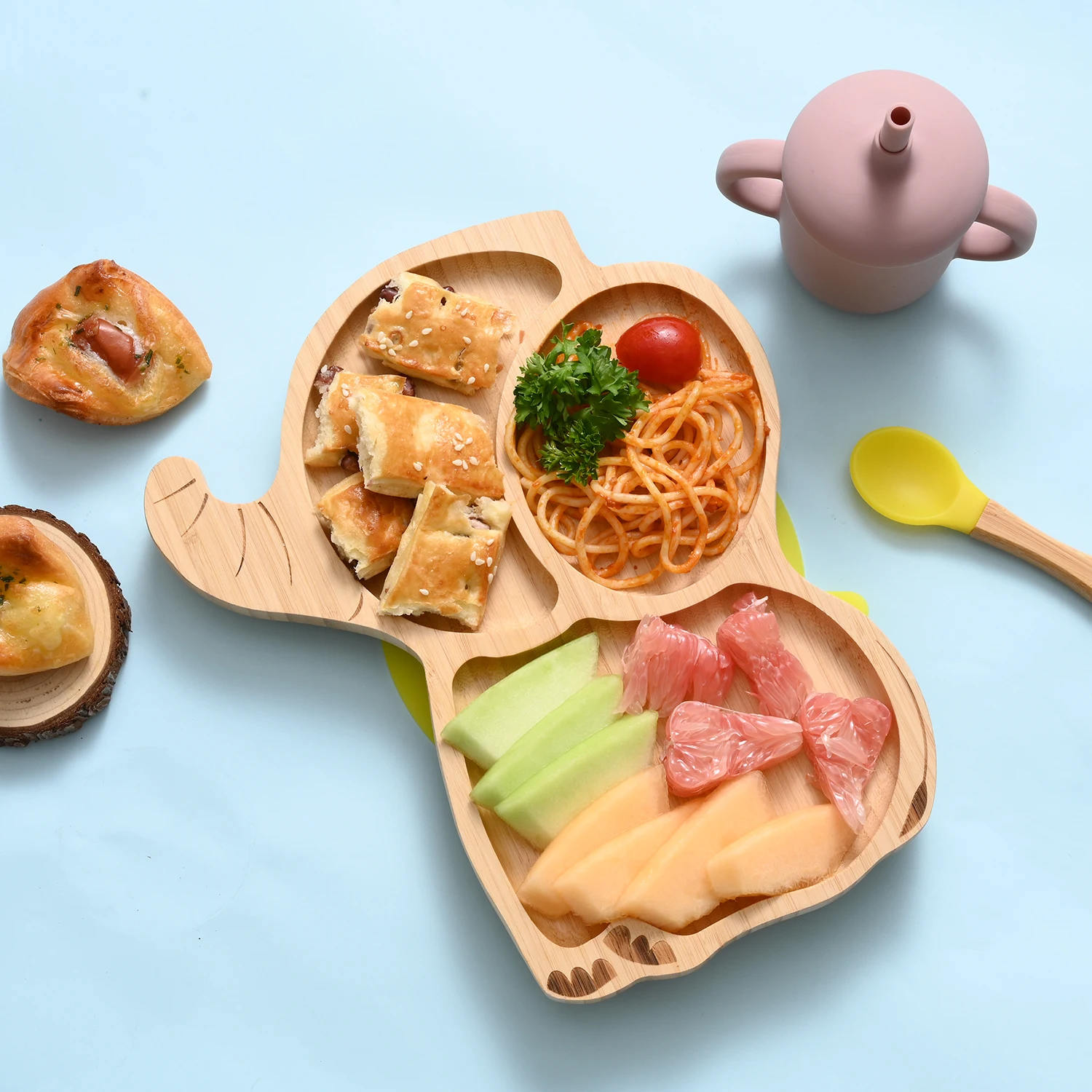 Baby Dinner Wood Plate Baby Bamboo Suction Plate Eco-Friendly Lovely Bamboo Elephant Baby Plate