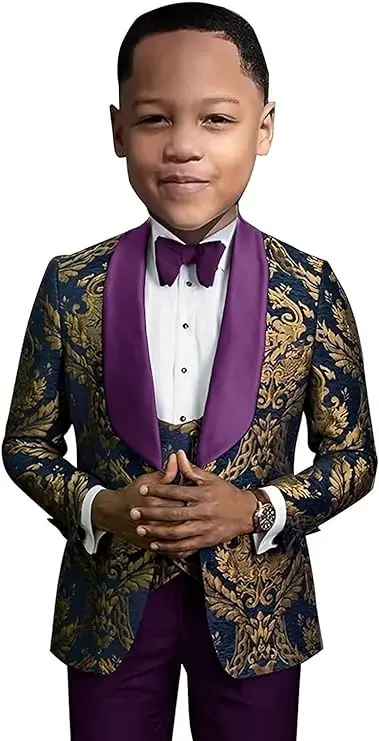 Luxury Boys Suits Set Shawl Lapel Tuxedo For Groom Tailored 3 Pieces Floral Wedding Suit Baroque Tuxedo Suite For Children